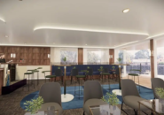 Modern onboard lounge and bar area with stylish seating and panoramic windows on a Murray River cruise