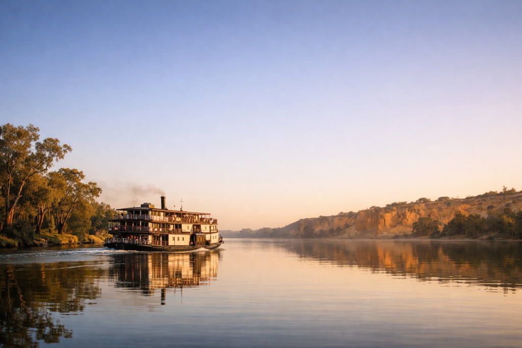 “Paddle steamer cruising the Murray River at golden hour with river red gums and calm reflections”